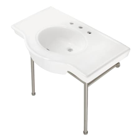 Fauceture 37" Ceramic Console Sink with Stainless Steel Legs, White/Brushed Nickel VPB28140W8BN